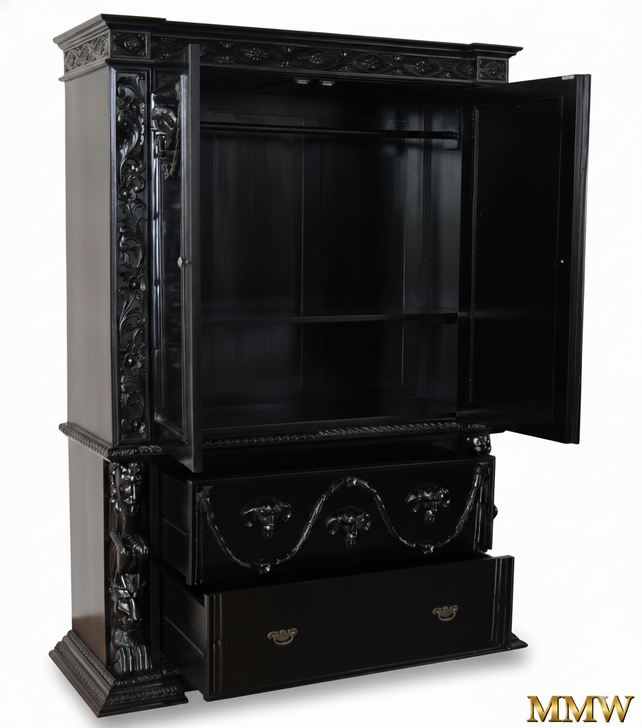 Hand-Carved Gothic Revival Black Mahogany Armoire