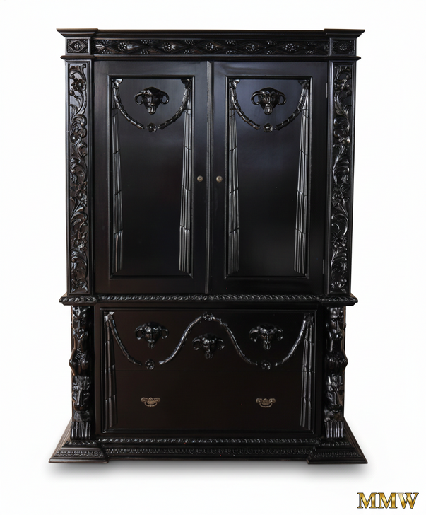 Hand-Carved Gothic Revival Black Mahogany Armoire