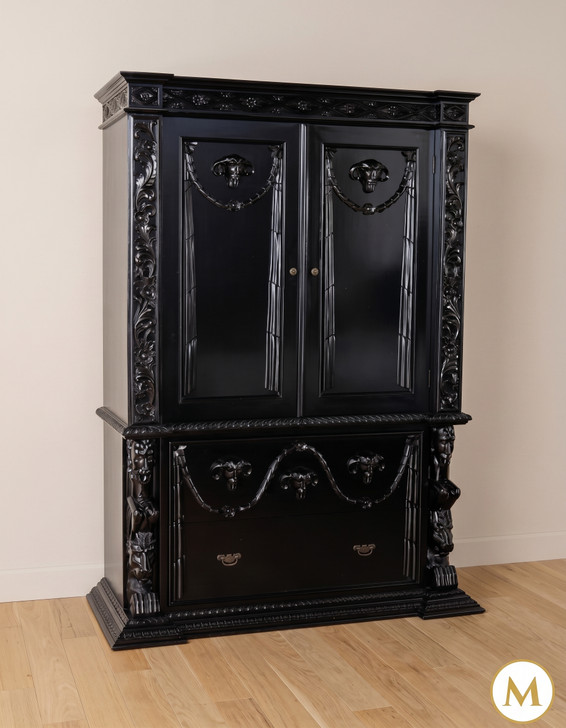 Hand-Carved Gothic Revival Black Mahogany Armoire