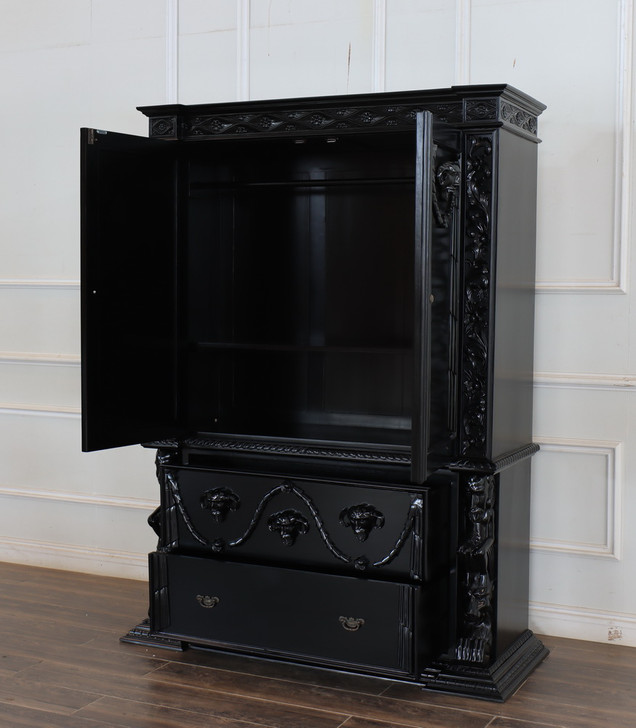 Hand-Carved Gothic Revival Black Mahogany Armoire
