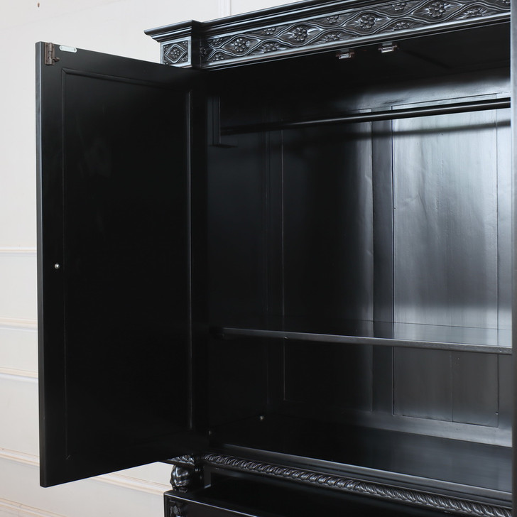 Hand-Carved Gothic Revival Black Mahogany Armoire