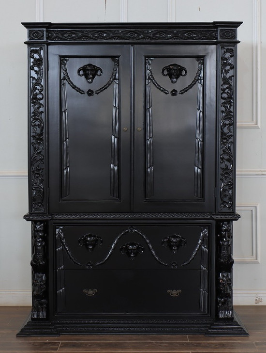 Hand-Carved Gothic Revival Black Mahogany Armoire