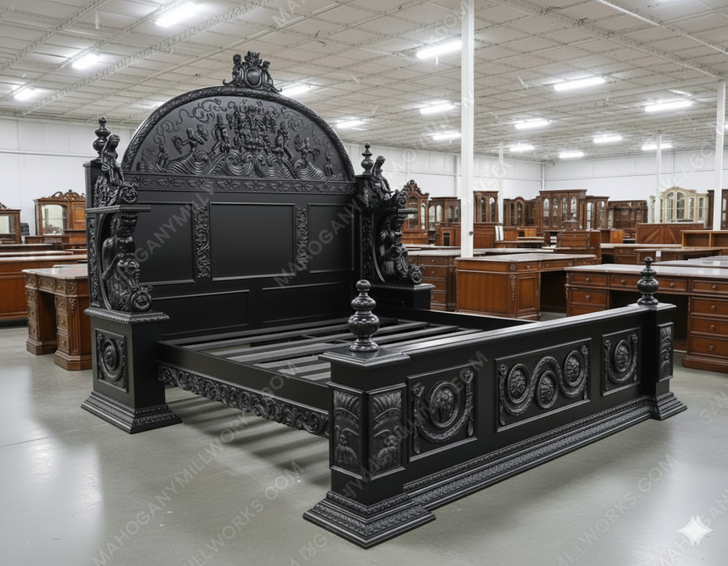 Black Gothic Ornate Heavily Carved Bed