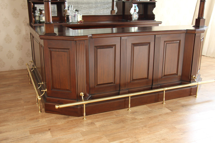 8.5ft Mahogany Traditional English Canopy Pub Bar w/ Brass Rails