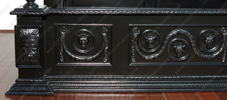3pc Ornate Black Mahogany Renaissance Revival Bedroom Set with Decorative Panel Headboard