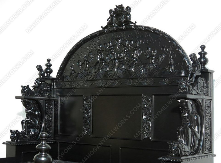 3pc Ornate Black Mahogany Renaissance Revival Bedroom Set with Decorative Panel Headboard
