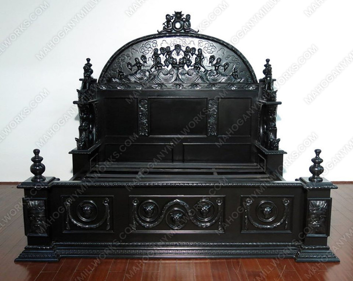 3pc Ornate Black Mahogany Renaissance Revival Bedroom Set with Decorative Panel Headboard