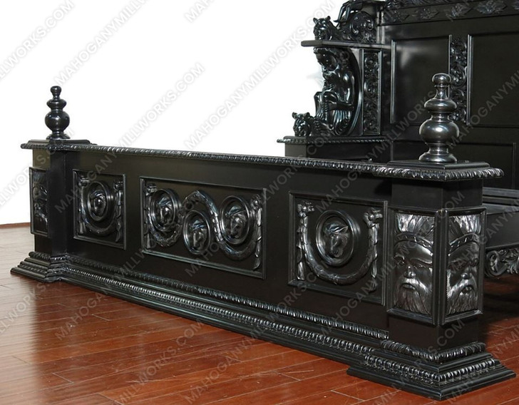 3pc Ornate Black Mahogany Renaissance Revival Bedroom Set with Decorative Panel Headboard