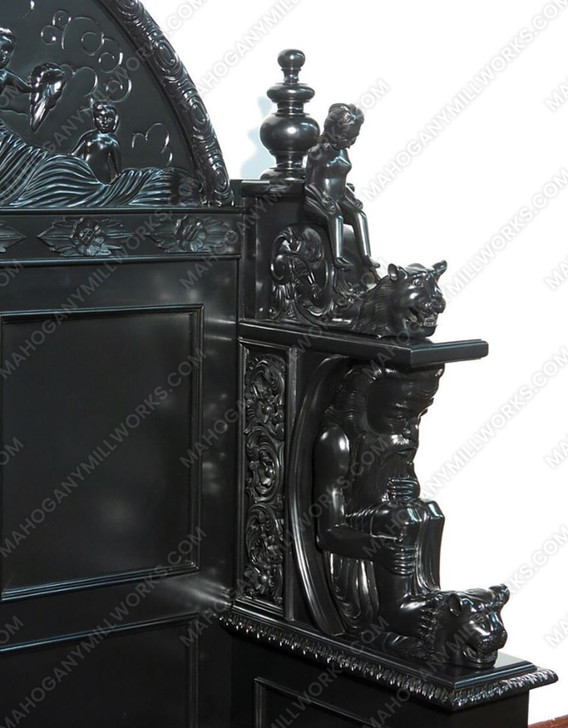 3pc Ornate Black Mahogany Renaissance Revival Bedroom Set with Decorative Panel Headboard