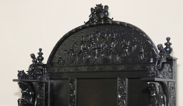 3pc Ornate Black Mahogany Renaissance Revival Bedroom Set with Decorative Panel Headboard