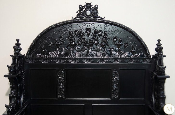 3pc Ornate Black Mahogany Renaissance Revival Bedroom Set with Decorative Panel Headboard