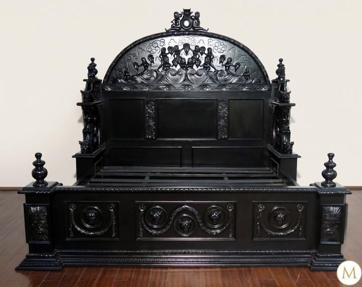 3pc Ornate Black Mahogany Renaissance Revival Bedroom Set with Decorative Panel Headboard