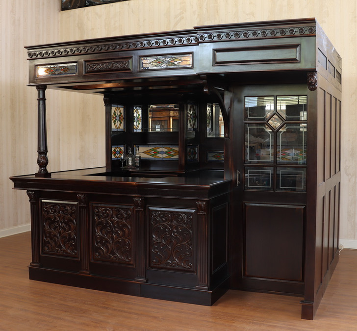 10ft Dark Mahogany Walk-in Canopy Pub Bar w/ Stained Glass Ceiling