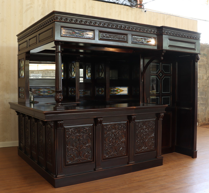 10ft Dark Mahogany Walk-in Canopy Pub Bar w/ Stained Glass Ceiling