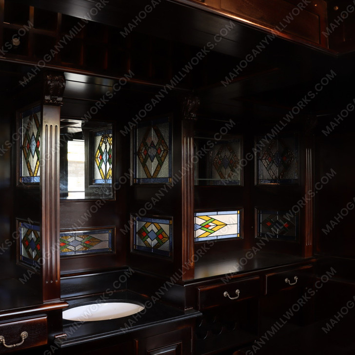 10ft Dark Mahogany Victorian Walk-In  Pub Bar w/ Stained Glass Panels