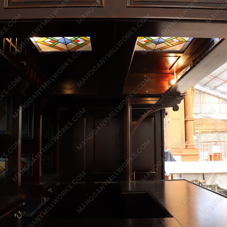 10ft Dark Mahogany Victorian Walk-In  Pub Bar w/ Stained Glass Panels
