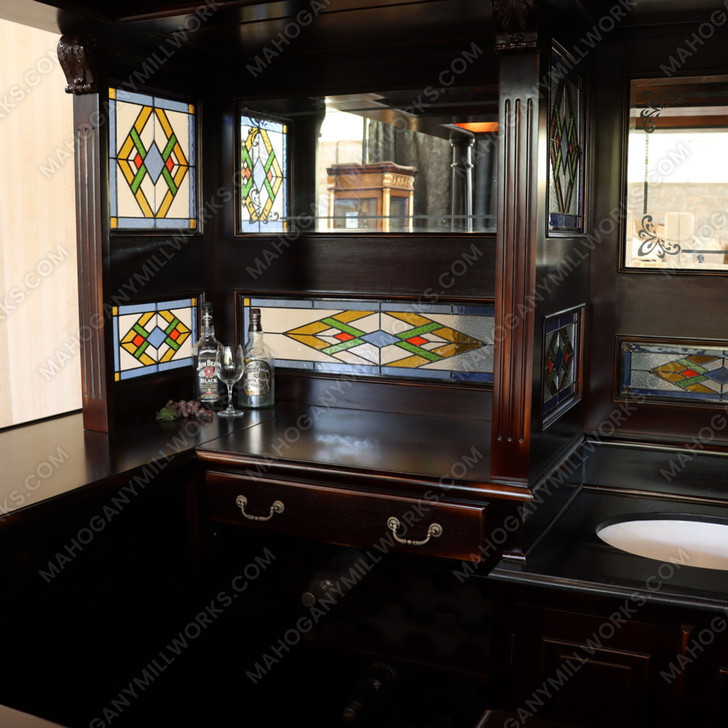 10ft Dark Mahogany Victorian Walk-In  Pub Bar w/ Stained Glass Panels