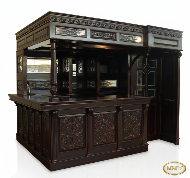 10ft Dark Mahogany Walk-in Canopy Bar w/ Stained Glass Ceiling