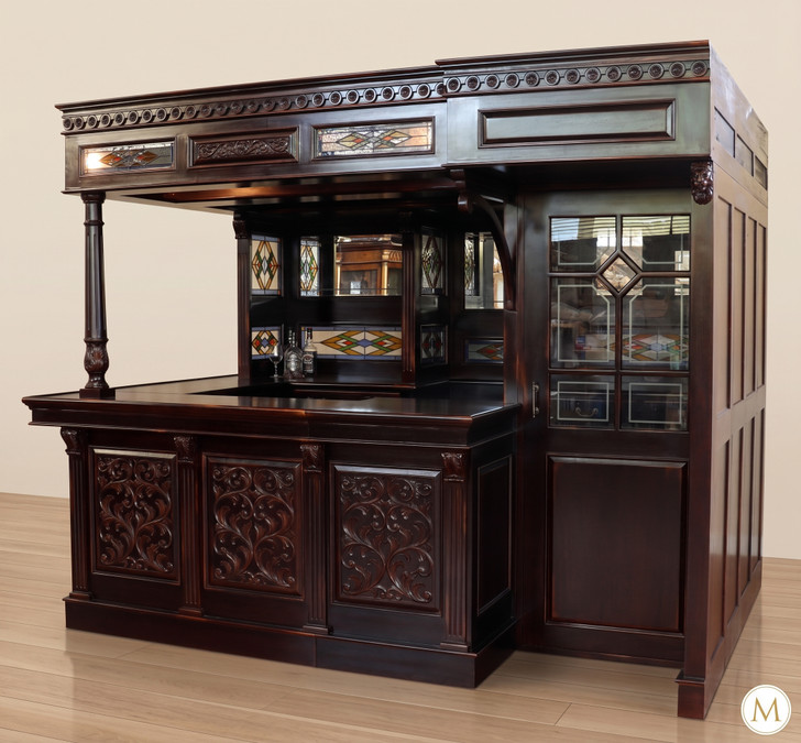 10ft Dark Mahogany Victorian Walk-In  Pub Bar w/ Stained Glass Panels