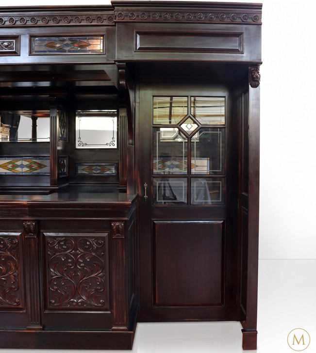 10ft Dark Mahogany Victorian Walk-In  Pub Bar w/ Stained Glass Panels