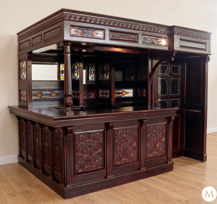 10ft Dark Mahogany Victorian Walk-In  Pub Bar w/ Stained Glass Panels