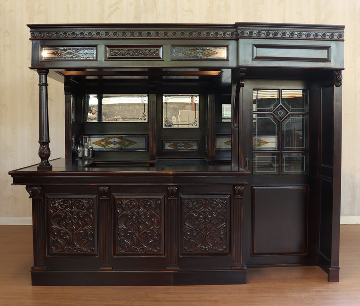 10ft Dark Mahogany Victorian Walk-In  Pub Bar w/ Stained Glass Panels