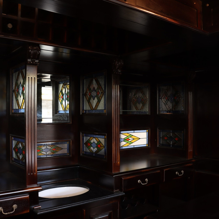 10ft Dark Mahogany Victorian Walk-In  Pub Bar w/ Stained Glass Panels
