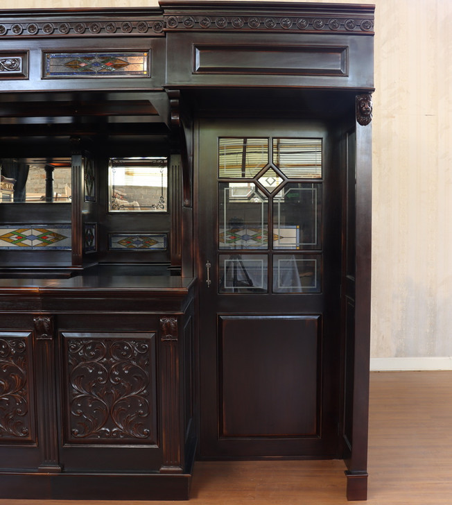 10ft Dark Mahogany Victorian Walk-In  Pub Bar w/ Stained Glass Panels