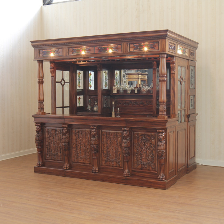 Custom Mahogany Canopy Lion Pub Bar w/ Leaded Stained Glass Doors