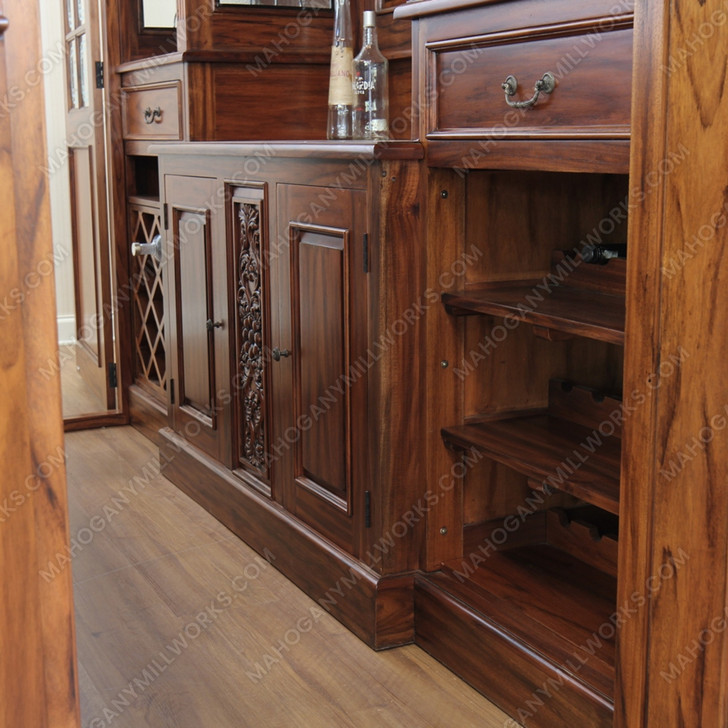 Custom Mahogany Canopy Lion Pub Bar w/ Leaded Stained Glass Doors