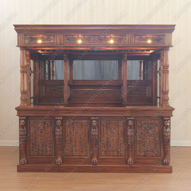 8.5ft Mahogany Ornate Lion Carved Pub Bar