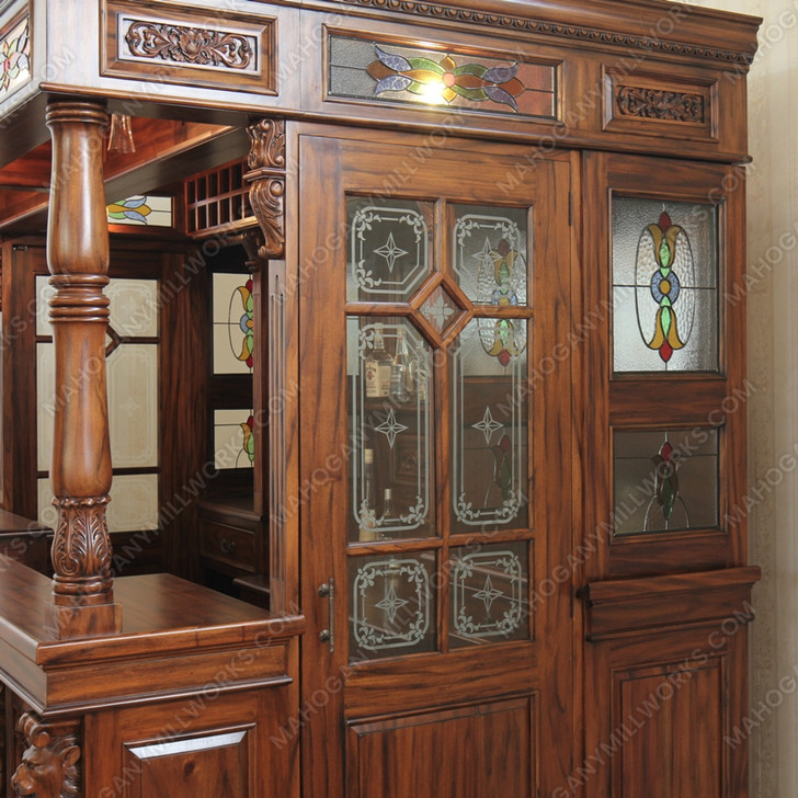 Custom Mahogany Canopy Lion Pub Bar w/ Leaded Stained Glass Doors