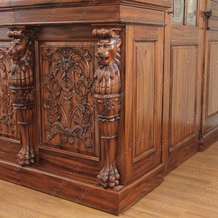 8.5ft Mahogany Ornate Lion Carved Pub Bar