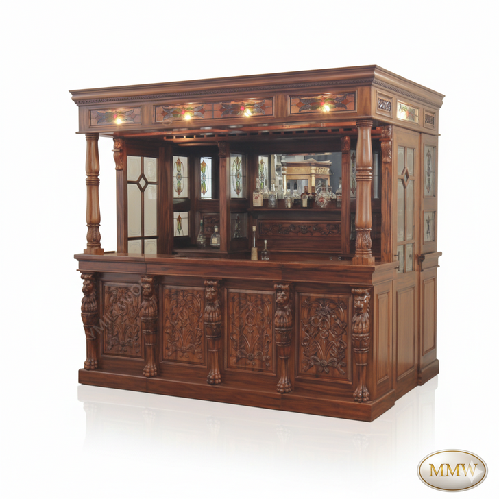 8.5ft Mahogany Ornate Lion Carved Pub Bar