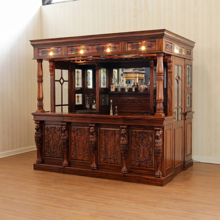 8.5ft Mahogany Ornate Lion Carved Canopy Pub Bar