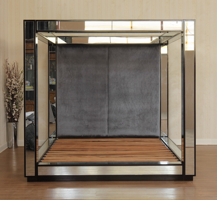 Mirrored Four Post Canopy Bed w/ Grey Velvet Upholstered Headboard