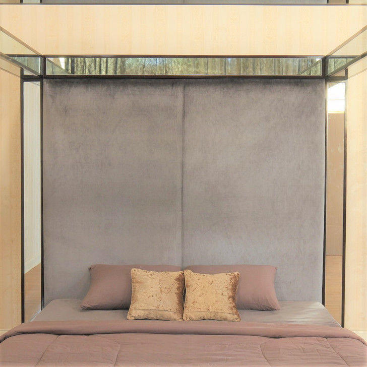 Mirrored Four Post Canopy Bed w/ Grey Velvet Upholstered Headboard