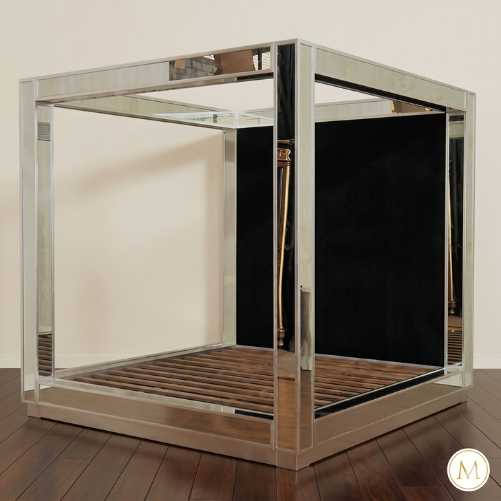 Mirrored Four Post Canopy Bed w/ Velvet Upholstered Headboard