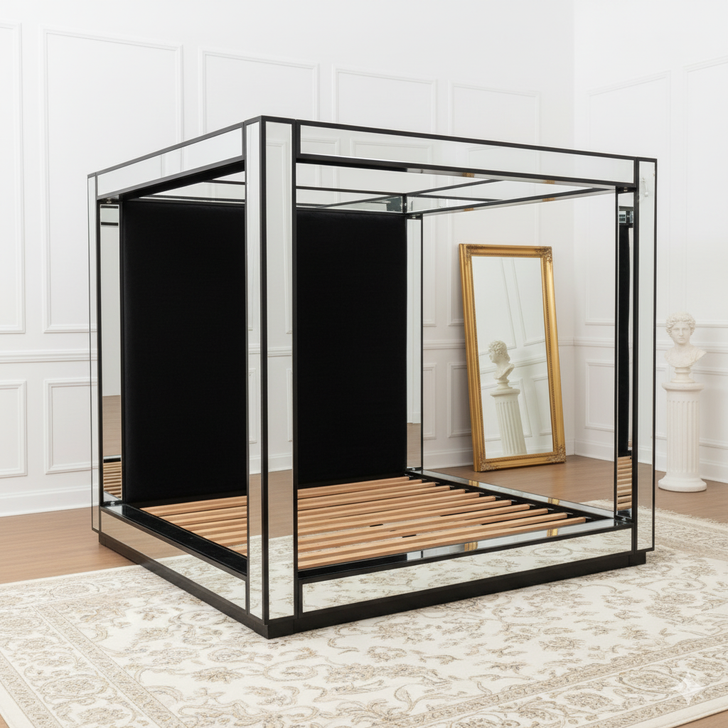 Mirrored Four Post Canopy Bed w/ Velvet Upholstered Headboard