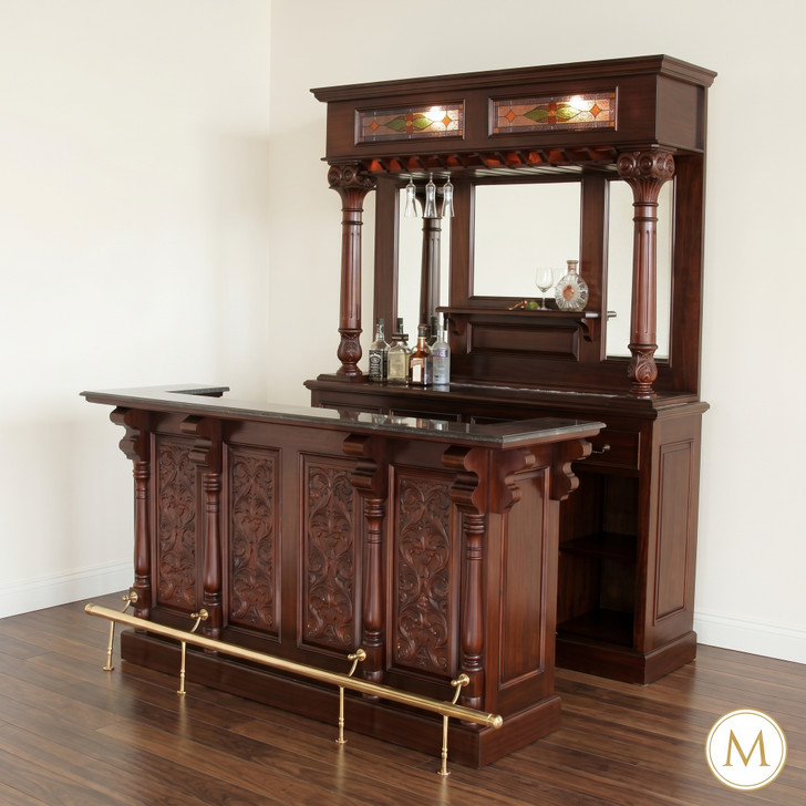 7ft Mahogany Hand Carved Home Pub Bar w/ Granite Top