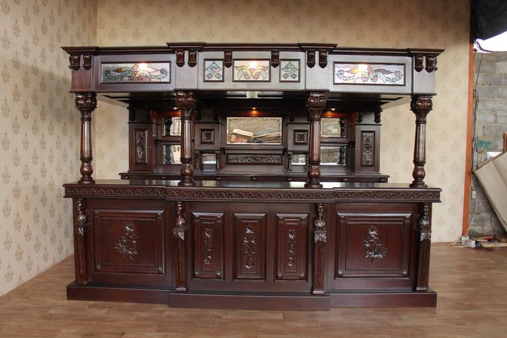 11ft Dark Mahogany Walk-in Canopy Pub Bar w/ Stained Glass