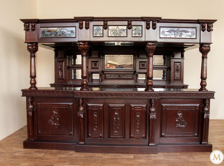 11ft  Dark Mahogany Walk-in Canopy Pub Bar w/ Stained Glass
