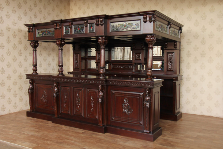 11ft  Dark Mahogany Walk-in Canopy Pub Bar w/ Stained Glass