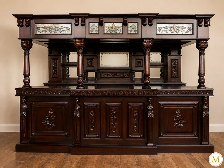 11ft  Dark Mahogany Walk-in Canopy Pub Bar w/ Stained Glass