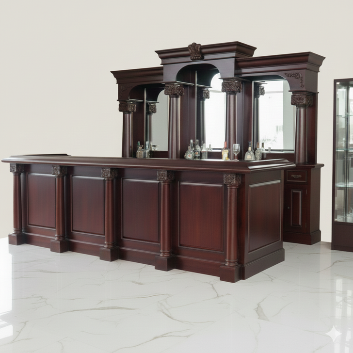 12ft Mahogany English Pub Bar w/ Marble Bartender Working Area