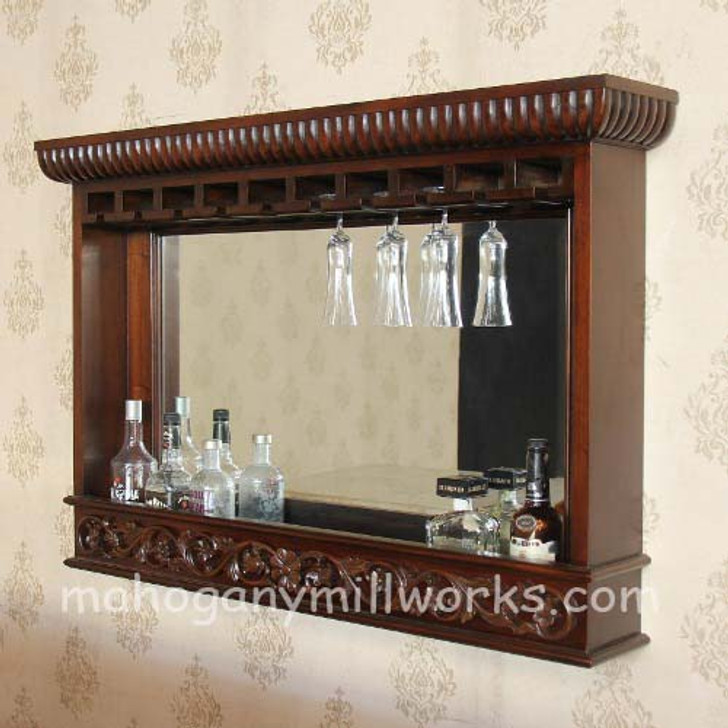 Mahogany wall hanging liquor & wine bottle rack w/ mirror