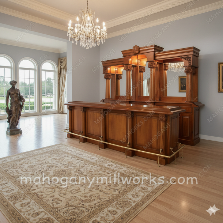 12ft Mahogany Traditional English Pub Bar w Brass Rails
