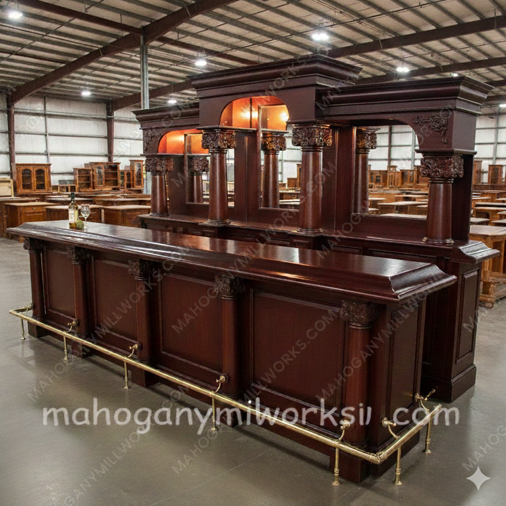 12ft Mahogany Traditional English Pub Bar w Brass Rails