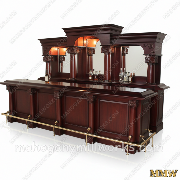 12ft Mahogany Traditional English Pub Bar w Brass Rails