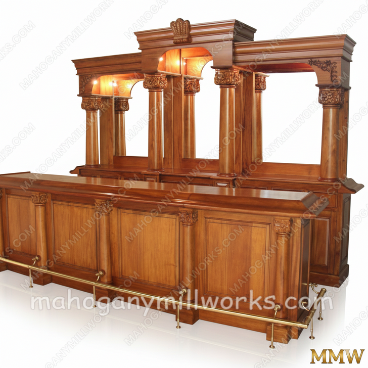 12ft Mahogany Traditional English Pub Bar w Brass Rails